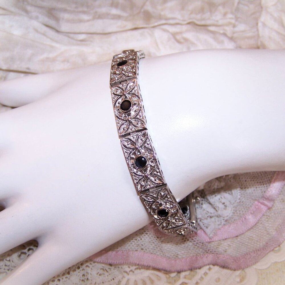 DBJ Dee Berkley Art Deco Revival Sterling Silver Blue Sapphire CZ Link Bracelet